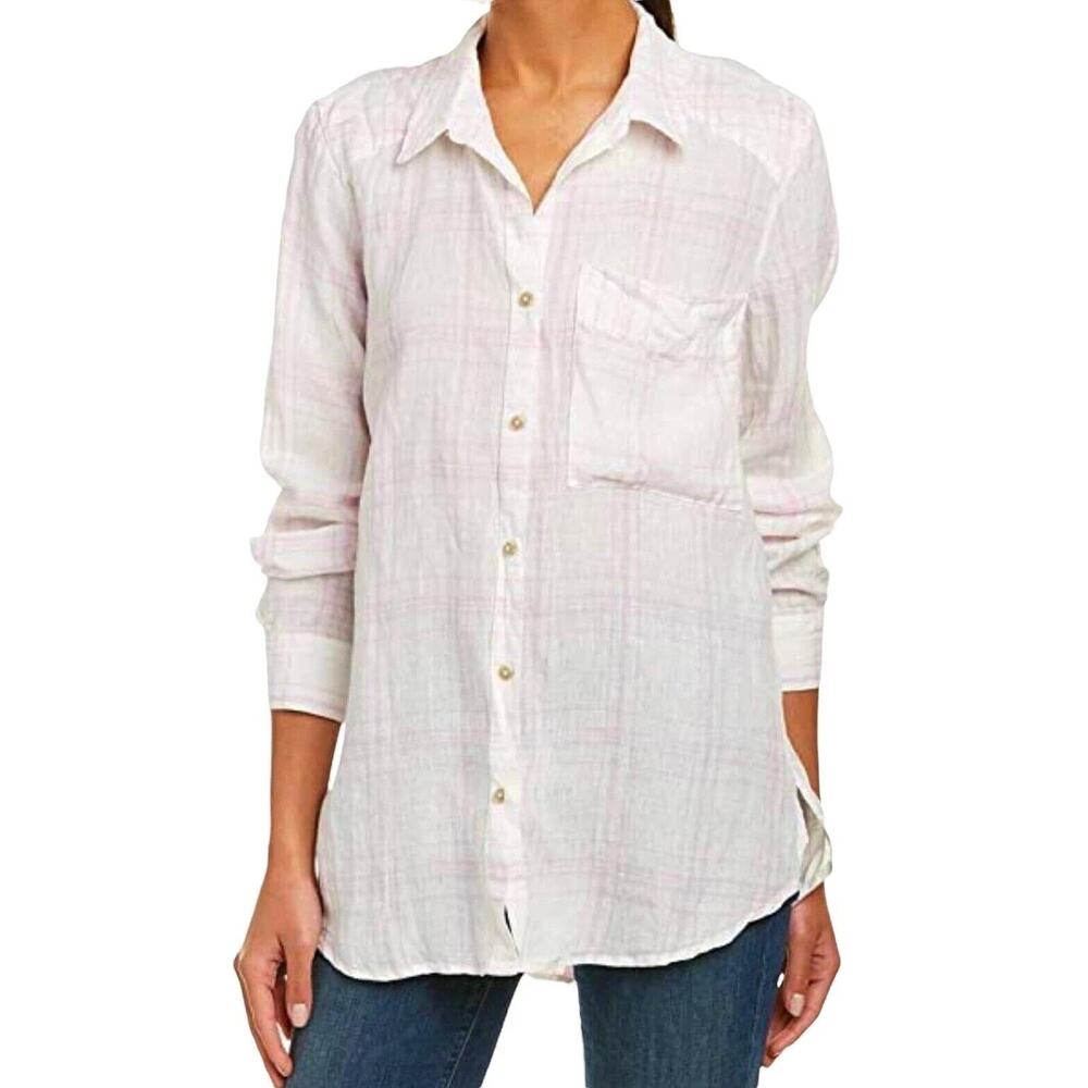 Free People No Limits 100% Linen Plaid Long Sleeve Button Down Shirt Lavender L